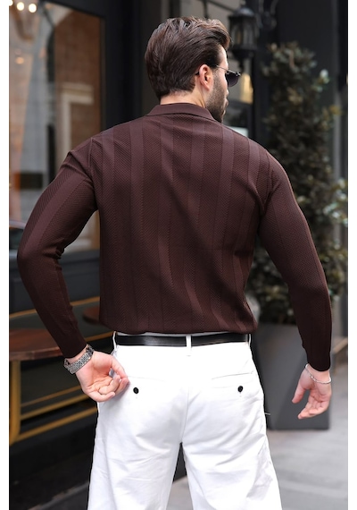Madmext Kahverengi Regular Fit Polo Yaka Triko Erkek Kazak E7509