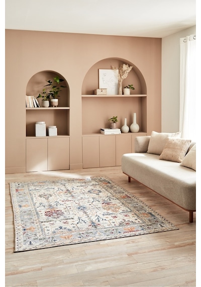Spring Serisi Krem Vintage Eskitme Desenli Dijital Baskı Yıkanabilir Modern Salon Halısı Krem