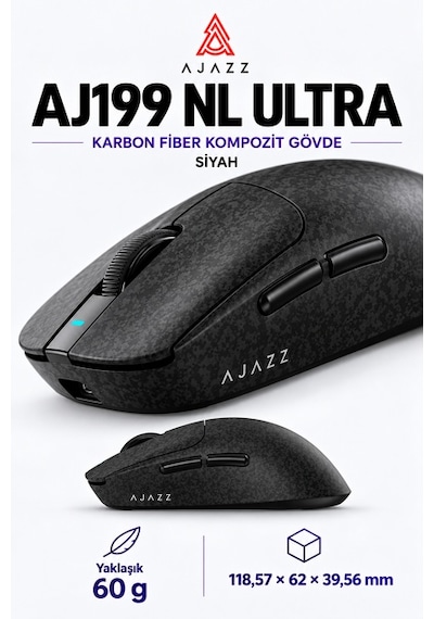 Ajazz Aj199 Nl Ultra Paw3950 8000 Hz Kablosuz Oyuncu Mouse Siyah