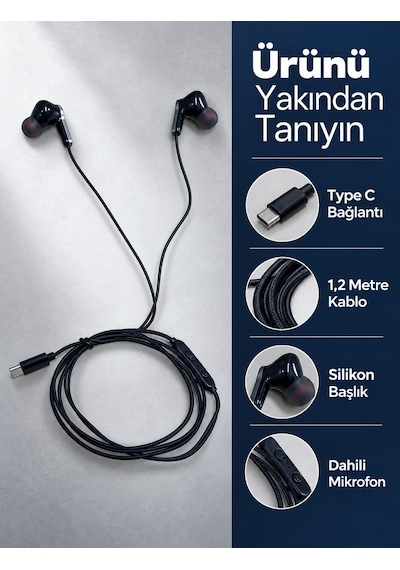 Dahili Mikrofonlu Type C Kablolu Kulaklık Siyah Gövde Akyı-384127