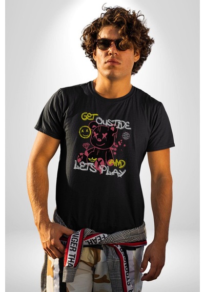 Dışarı Çık Ve Oynayalım Teddy Unisex Unisex Siyah Organik Baskılı T-shirt Penye Yüksek Kalite Siyah