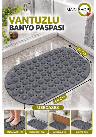 Masajlı Silikon Banyo Paspası 37 X 69 Cm Vantuzlu Banyo Ve Duş Kaydırmazı Küvet Paspası M-142 Gri