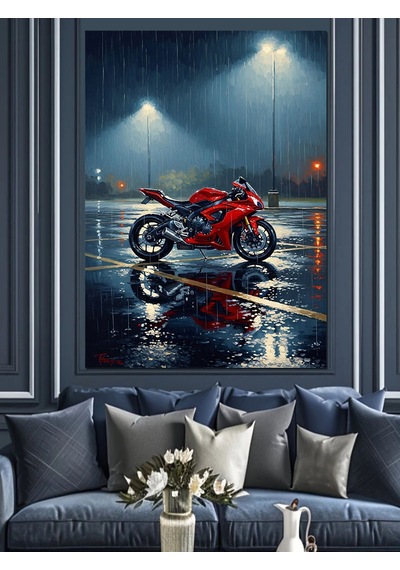 Gece Yağmurunda Kırmızı Spor Motosiklet Dekoratif Kanvas - Mdf Ahşap Tablo