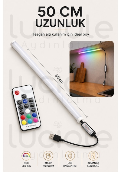 50 Cm Rgb Led Bar Rf Kumandalı Usb Renk Değiştiren Yapışkanlı Gaming Masa Dolap Raf Aydınlatma