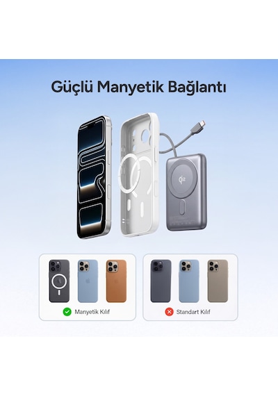 Juo 10000 Mah Qi2 Magsafe Powerbank Standlı Pd 22.5w Taşınabilir Kablosuz Hızlı Şarj Cihazı Gri