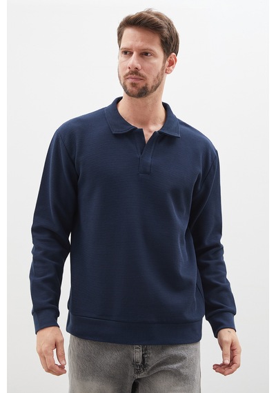 Fullamoda Petek Kumaş Apaş Yaka Regular Sweatshirt Lacivert