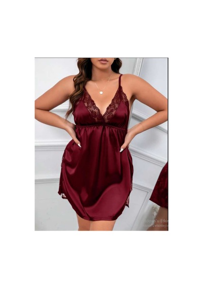 Real Passione Büyük Beden Dantel Detaylı Kadın Mini Gecelik Bordo - 906689574 Bordo