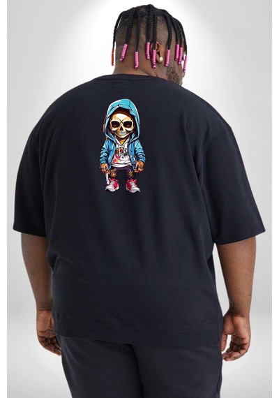 Angemiel Hiphop Kurukafa Hoodie Büyük Beden Siyah Tişört Kadın Erkek Ünisex Sırt Baskılı Siyah
