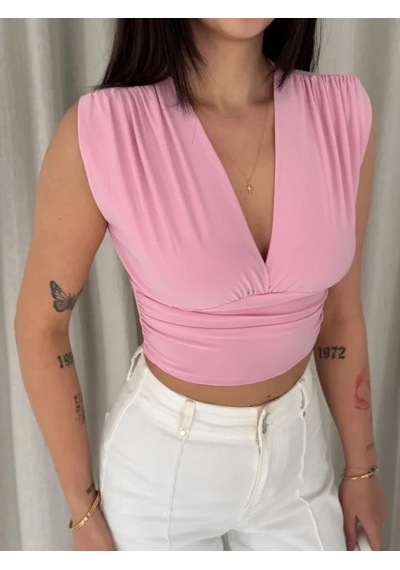 Defymoda Vatkalı Kolsuz V Yaka Drapeli Crop Bluz Likralı Fit - Pembe