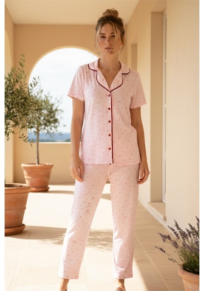 Siyah İnci Düğmeli Biyeli Viskon Örme Pijama Takım 26120762 Pembe