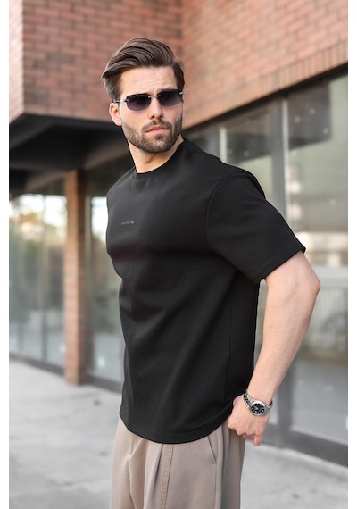 Madmext Siyah Bisiklet Yaka Oversize Erkek Tişört E7176