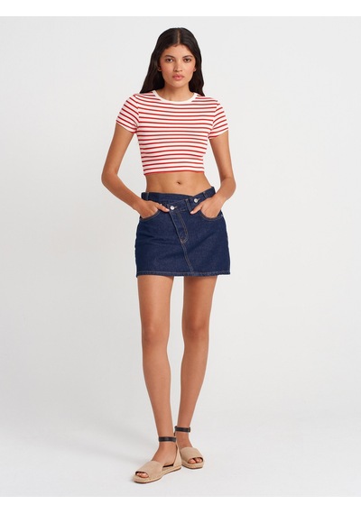 Dilvin 31889 Çizgili Crop Top-Ekru - Kırmızı