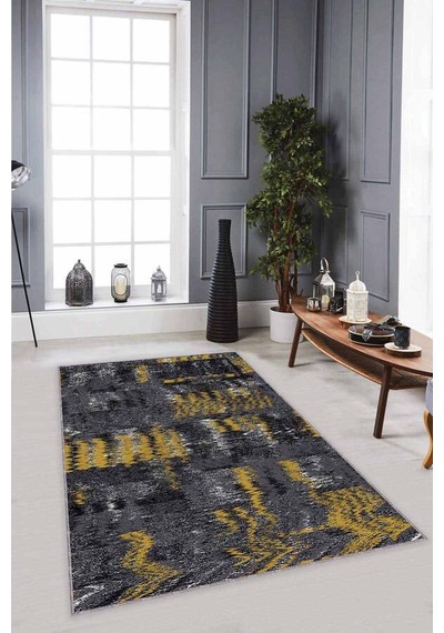 Füme Sarı Modern Kaymaz Taban Makinede Yıkanabilir Halı Mx09n11 Füme - Sarı