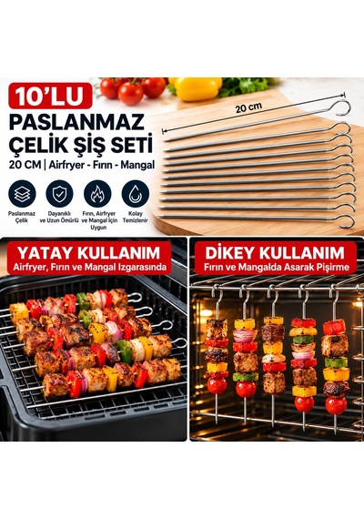 Cazibiz Airfryer Ve Mangal Uyumlu 10'lu Paslanmaz Çelik Şiş Seti-447689