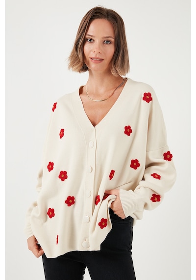 Lela Oversize Fit Çiçekli Düğmeli V Yaka Soft Akrilik Bayan Hırka 4616192 Krem