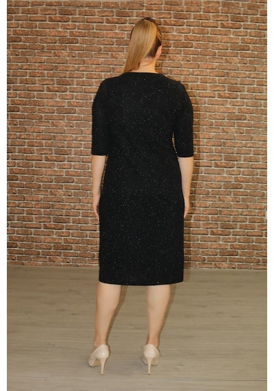 Nidya Moda Büyük Beden Kadın Siyah Simli Abiye Elbise-4009RS Siyah