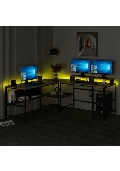 Minar Greta Rgb Led Işıklı L Köşe Çalışma Masası Dore Siyah