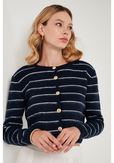 Lela Standart Fit Çizgili Yumuşak Dokulu Crop Triko Bayan Hırka 4615551 Lacivert