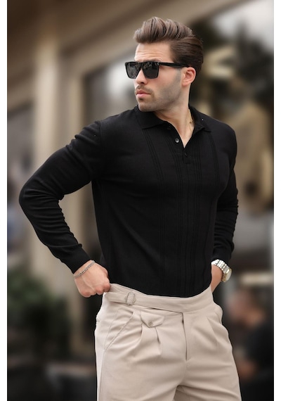 Madmext Siyah Polo Yaka Çizgili Erkek Triko Kazak 7265 Siyah