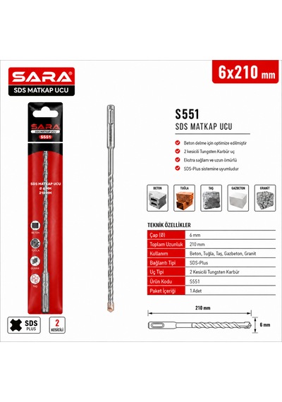 Sara S551 Sds Plus Matkap Ucu 6 X 210 Mm, 2 Kesicili Tungsten Karbür Uçlu