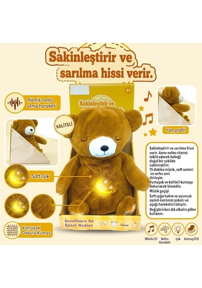 Nefes Alan Işıklı Ve Müzikli Uyku Arkadaşı Peluş Ayı - Sakinleştirici Bebek Oyuncağı Lisinya Kahverengi