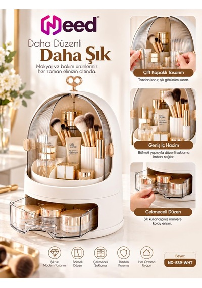 Need Oval Çift Kapaklı Çekmeceli Makyaj Ve Kozmetik Organizeri Beyaz Nd-539-wht
