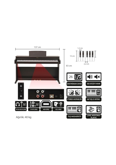 Jwin Sapphire Sdp-400 Çekiç Aksiyonlu 88 Tuşlu Dijital Piyano + Tabure - Gül Ağacı