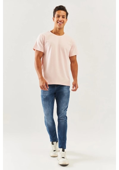Erkek Oversize Rahat %100 Pamuklu Penye Bisiklet Yaka Kısa Kol Basic T-shirt Pudra