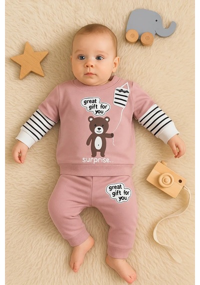 Pekminibebe Gift For You Desenli 2'li % 100 Pamuk Kız Bebek Takımı Gül Kurusu