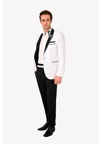 Ysf Erkek Beyaz Şal Yaka Slim Fit Damatlık