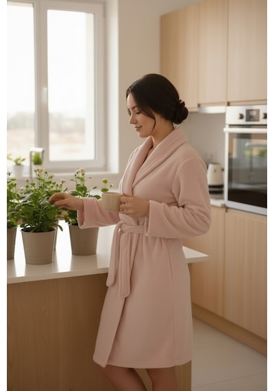 Mislina Home Lumor Şal Yaka Wellsoft Peluş Yumuşak Sabahlık Pudra Pudra