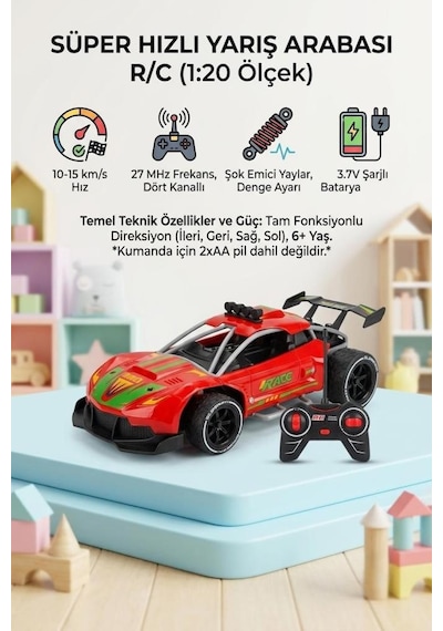 Super Speed Racing 1:20 Ölçekli Şarjlı Uzaktan Kumandalı Araba - 4 Kanallı Yarış Arabası Kırmızı