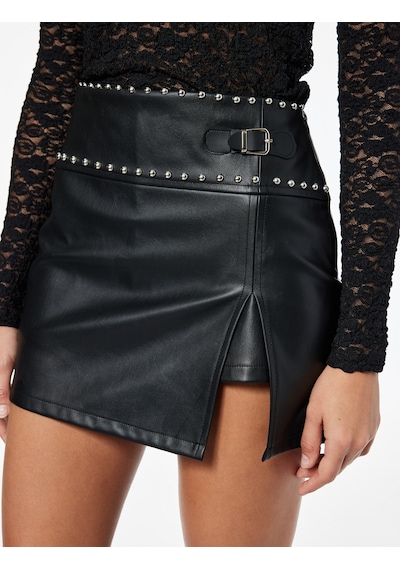 Koton Metal Aksesuarlı Yırtmaçlı Düşük Bel Slim Fit Mini Suni Deri Etek Siyah 6wal70046ık Siyah