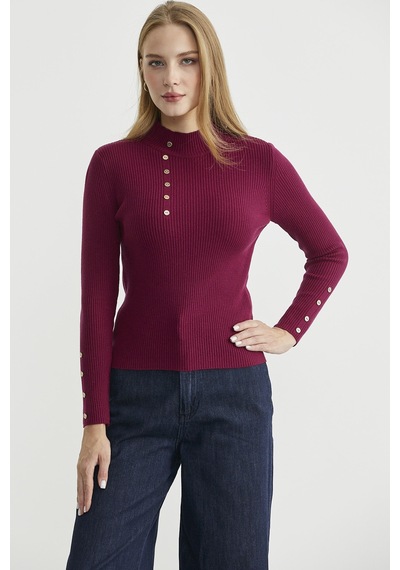 Sementa Fitilli Dik Yaka Basic Triko Kazak - Bordo Bordo
