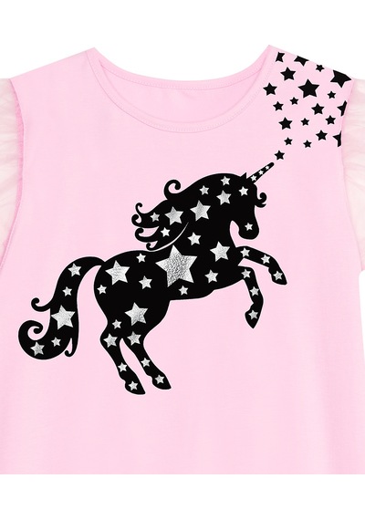 Denokids Yıldızlı Unicorn Kız Çocuk Pembe Tüllü Fırfırlı Yazlık Elbise