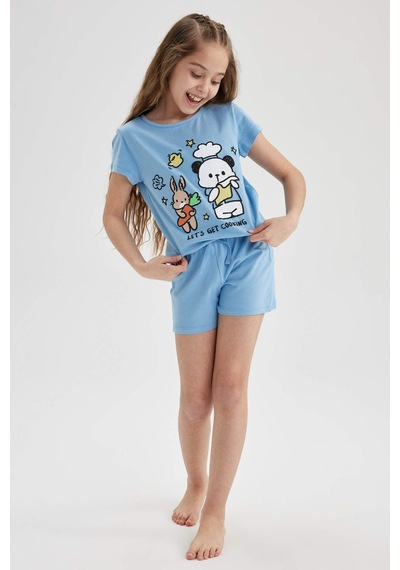 Defacto Kız Çocuk Baskılı Kısa Kollu Şortlu Pijama Takım A1365a823smbe761 Mavi
