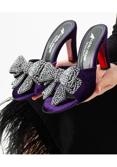 Lebibe Shoes Seravıa Kadın Mor Kadife Taşlı Fiyonklu 9 Cm Topuklu Abiye Terlik