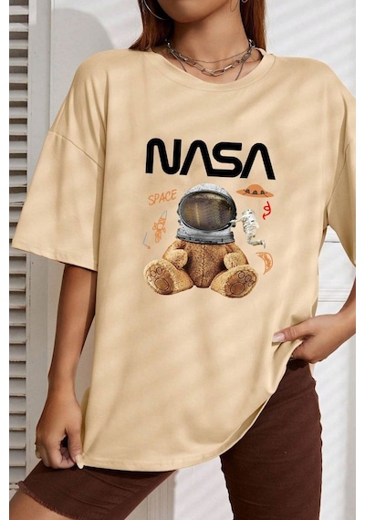 Unisex Nasabear Baskılı T-shirt Bej
