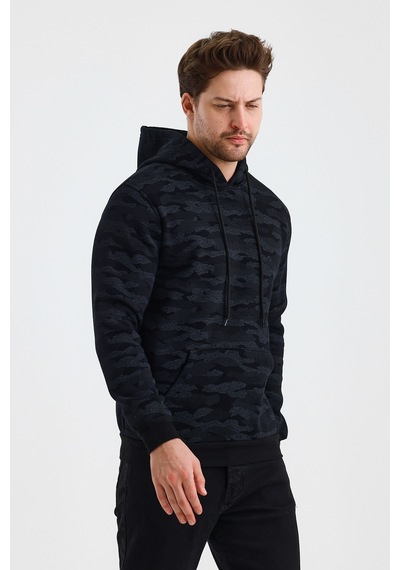 Monox Erkek Kapşonlu Kamuflaj Baskılı 3 İplik Sweatshirt Siyah