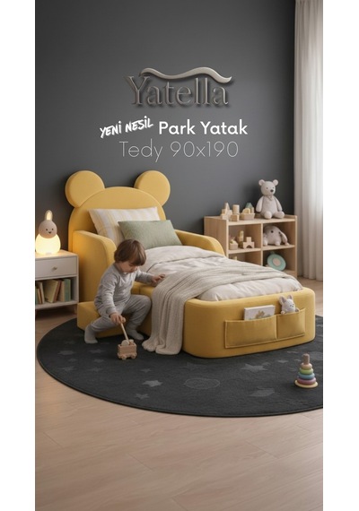 Yatella Luxury Tedyy Baza ve Başlıklı Montessori Full Sünger Yatak Seti 90 X 190 Sarı