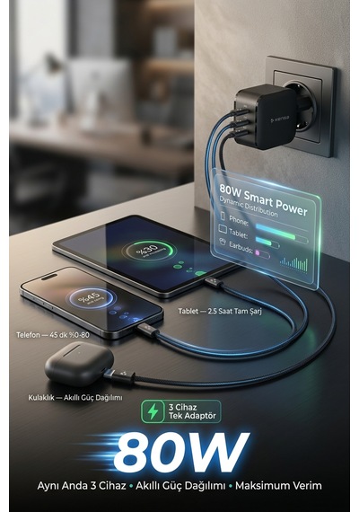 80w Çift Portlu Usb-c Girişli Akıllı Hızlı Şarj Adaptör Kablo Seti - Pd Ve Qc Destekli