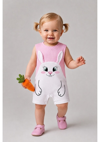 Babyden's Kız Bebek Tulum Yazlık %100 Pamuk Ribana Kolsuz Tavşan Baskılı Çıtçıtlı Bebek Tulumu 0-9 Ay Pembe