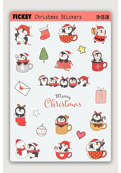 Sevimli Penguen Yılbaşı Yeni Yıl Temalı Sticker Seti - 22 Adet Etiket Çıkartma Diğer