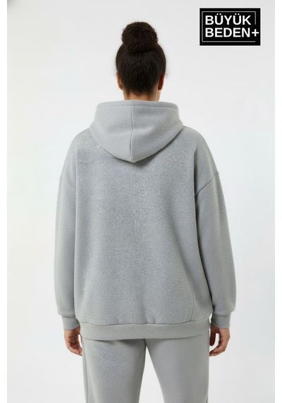 Süperlife Kadın Büyük Beden California 1974 Baskılı Kapüşonlu İnce Sweat Rahat Kalıp Hoodie Spr26bswk965 Gri Melanj