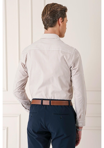 Efor Slim Fit Dikine Çizgili %100 Pamuk Klasik Bej Beyaz Gömlek Gk 721 Bej