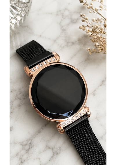 Desingshop Dijital Hasır Kayış Taşlı Genç Kız & Kadın Kol Saati Siyah Rose Gold