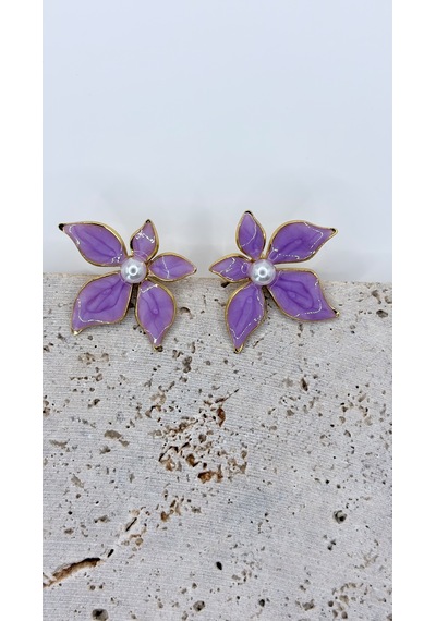 Rhea Jewelry Çiçek Figürlü Renkli Çelik Küpe 3,5 Cm İnci Detaylı Kadın Küpe Lila