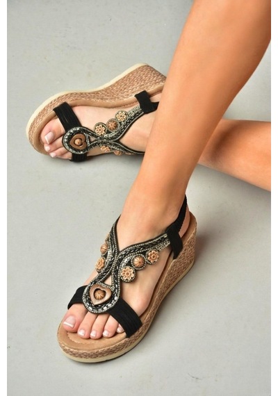 Fox Shoes Y274501609 Siyah Dolgu Tabanlı Kadın Sandalet