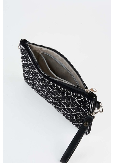 Vivaq Kadın Balık Gümüş Taşlı Süet Bilek Askılı Ve Zincir Askılı Portföy El Ve Clutch Çanta SİYAH