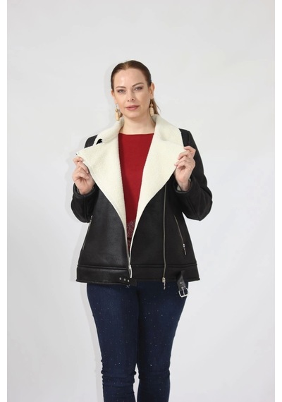 Moda Berray 3263 Kısa Içi Kürklü Eteği Kemer Detaylı Kaban Siyah Siyah